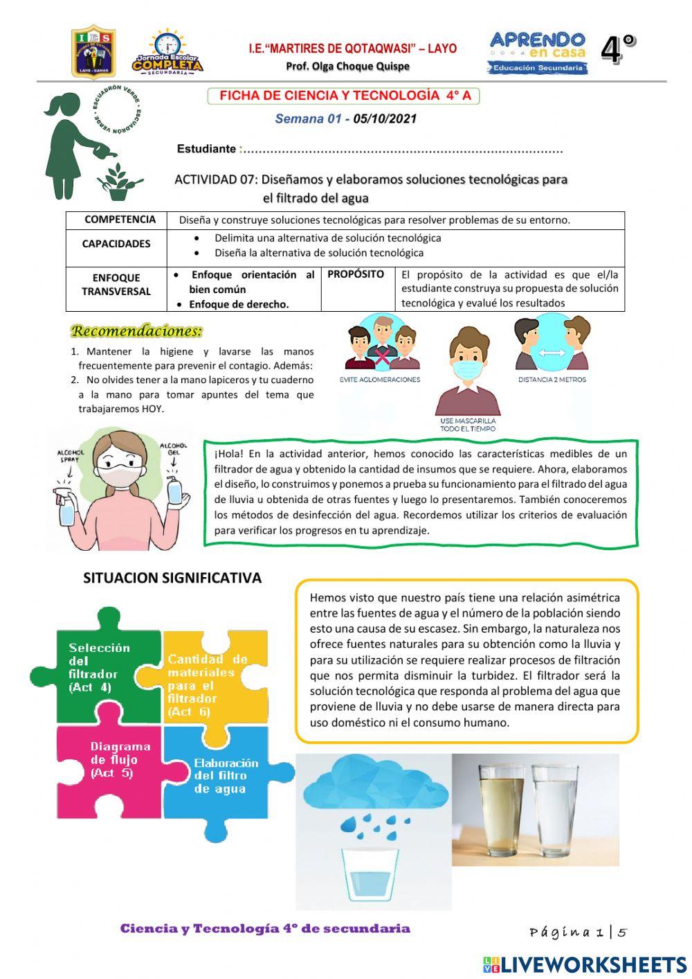 ACTIVIDAD 07: Diseñamos y elaboramos soluciones tecnológicas para el filtrado del agua