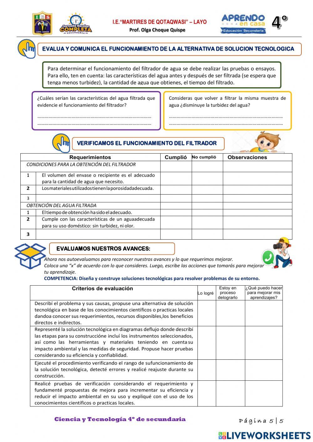 ACTIVIDAD 07: Diseñamos y elaboramos soluciones tecnológicas para el filtrado del agua