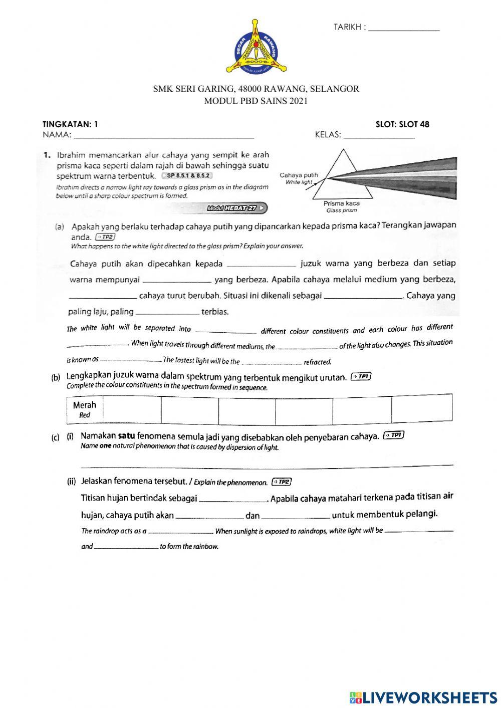 Sainstingkatan 1 8.5 penyebaran cahaya