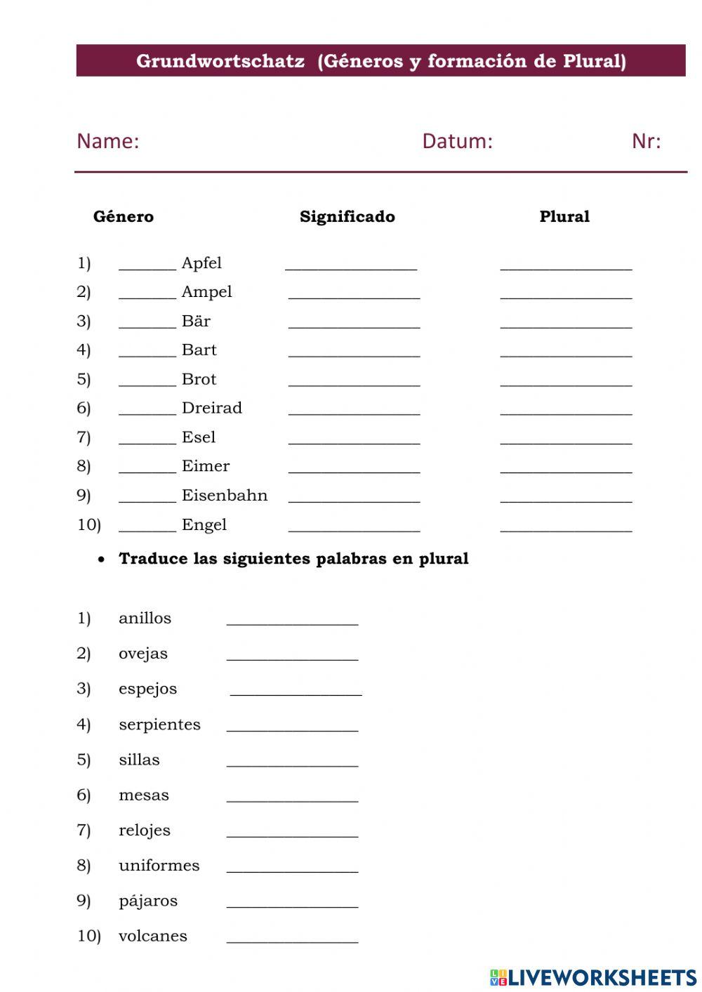 Vocabulario básico generos y plurales prueba corta