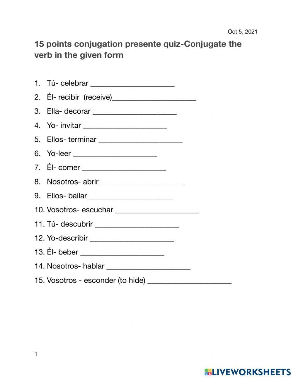 Conjugations regulare ER IR AR verbs Spanish