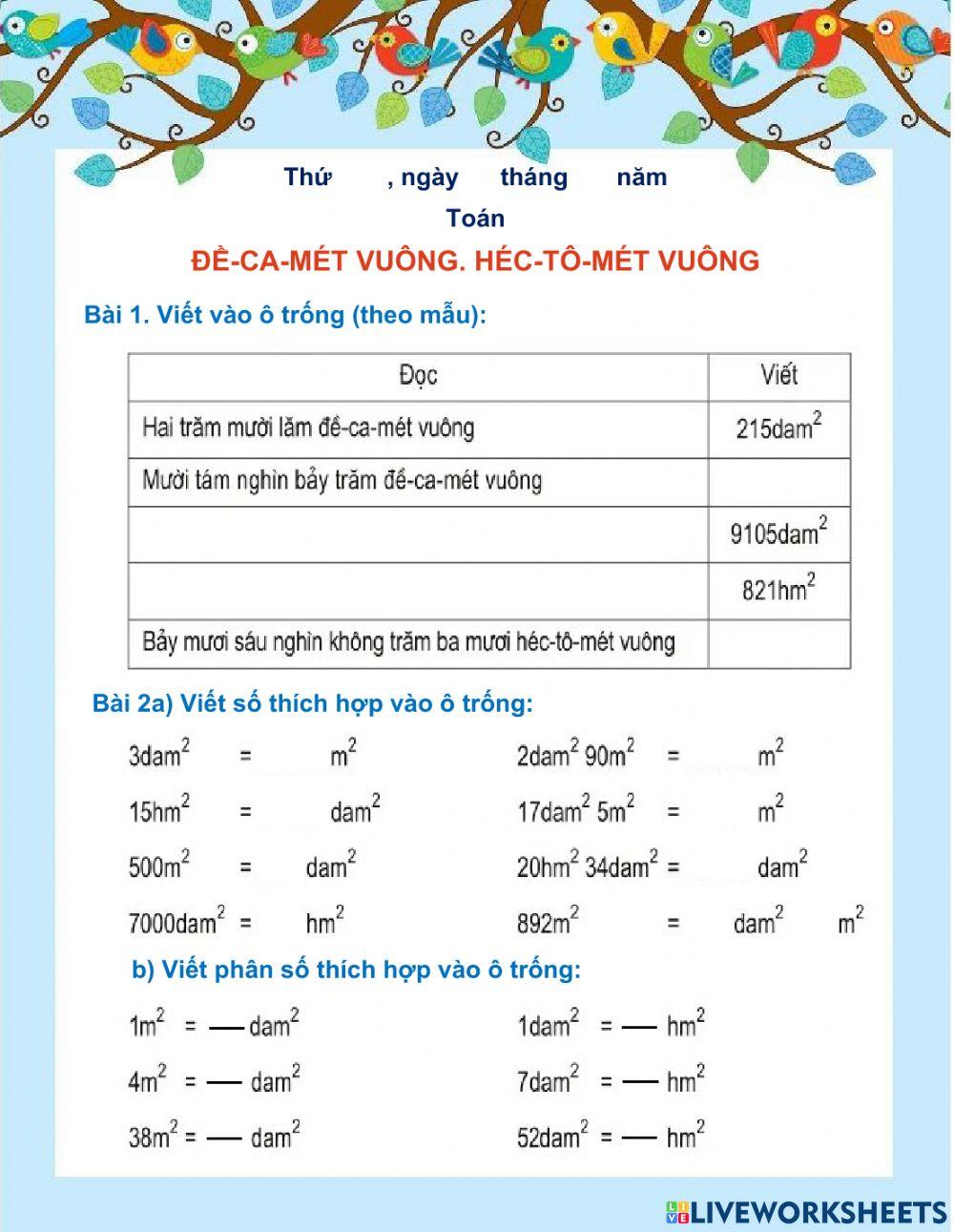 Đề-ca-mét vuông. Héc-tô-mét vuông