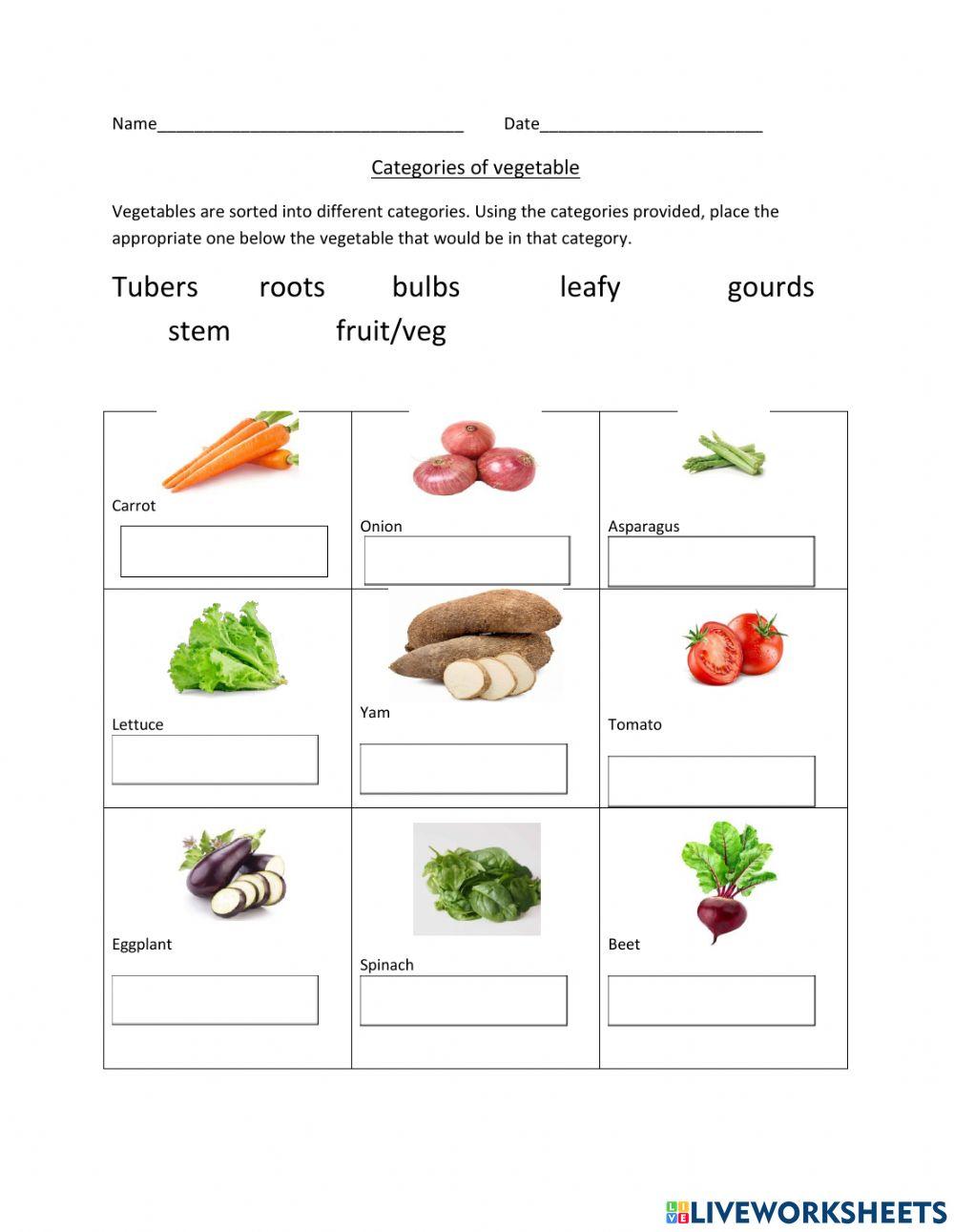 Categories of vegetables worksheet live worksheets