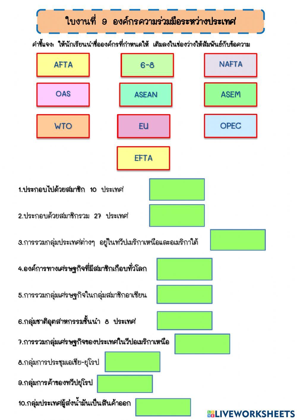 ใบงานที่ 9 องค์กรความร่วมมือระหว่างประเทศ