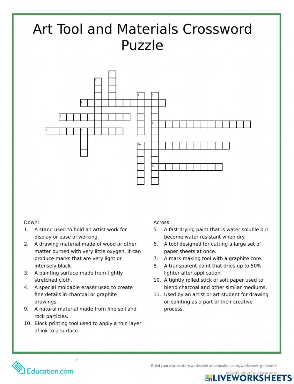 Art Tool and Materials Crossword Puzzle online exercise for Live