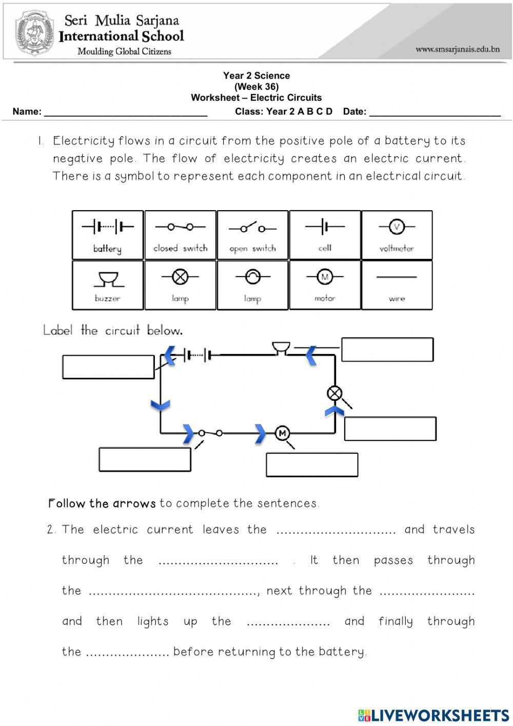 Y2 Science Worksheet - Electric Circuits