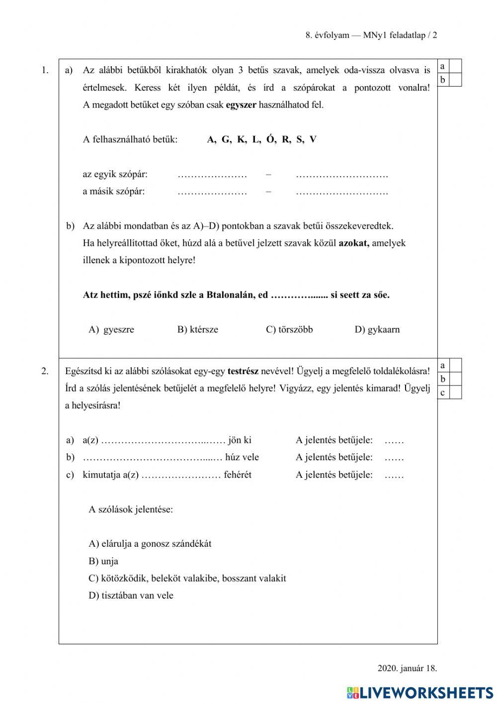 Felvételi feladatsor 2020