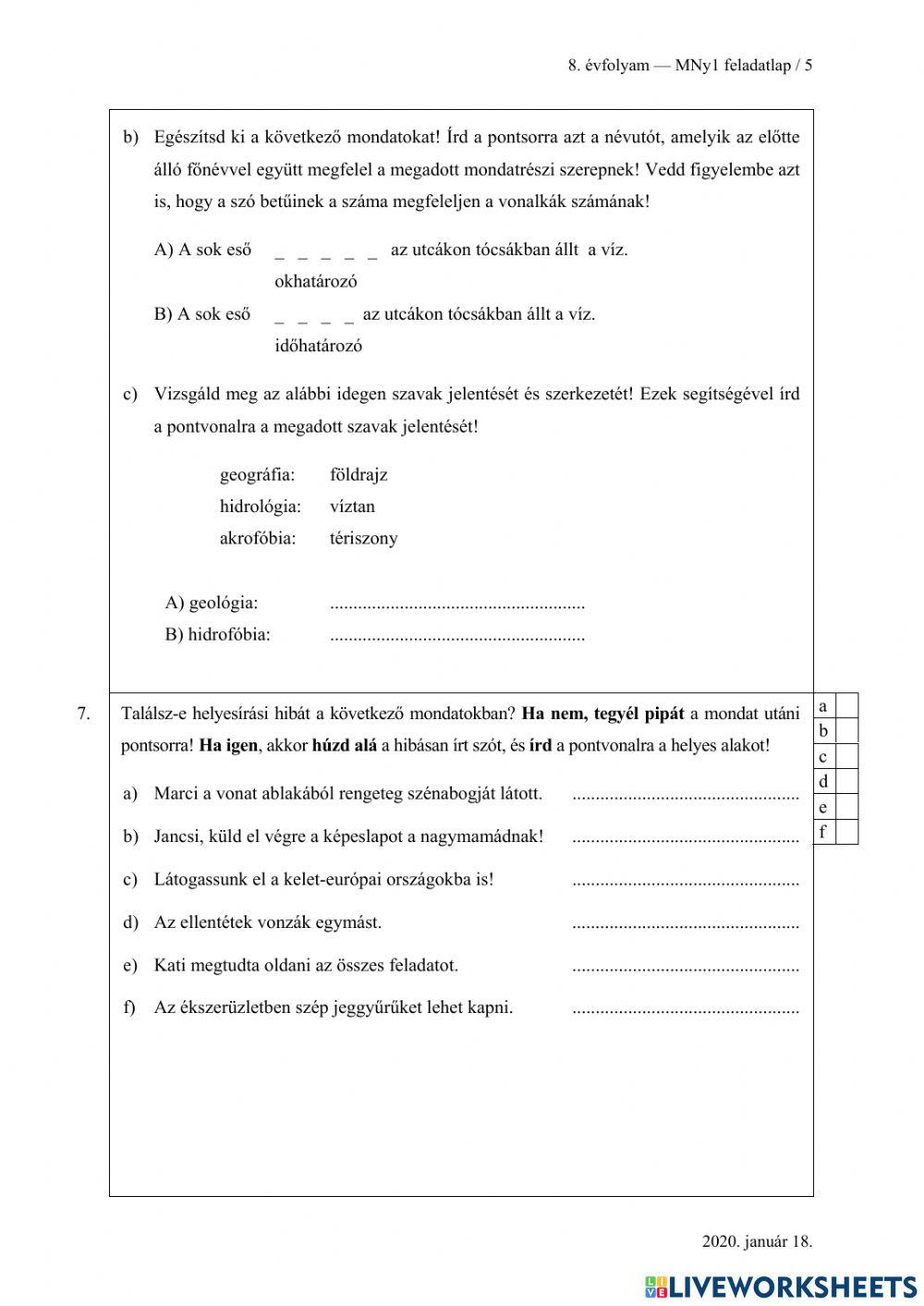 Felvételi feladatsor 2020