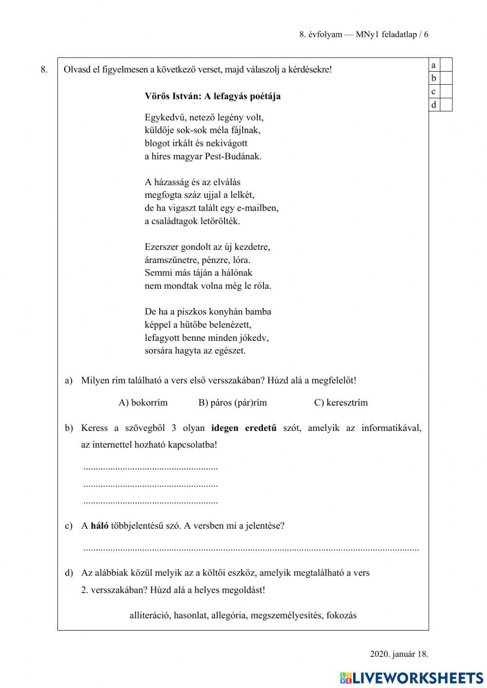 Felvételi feladatsor 2020