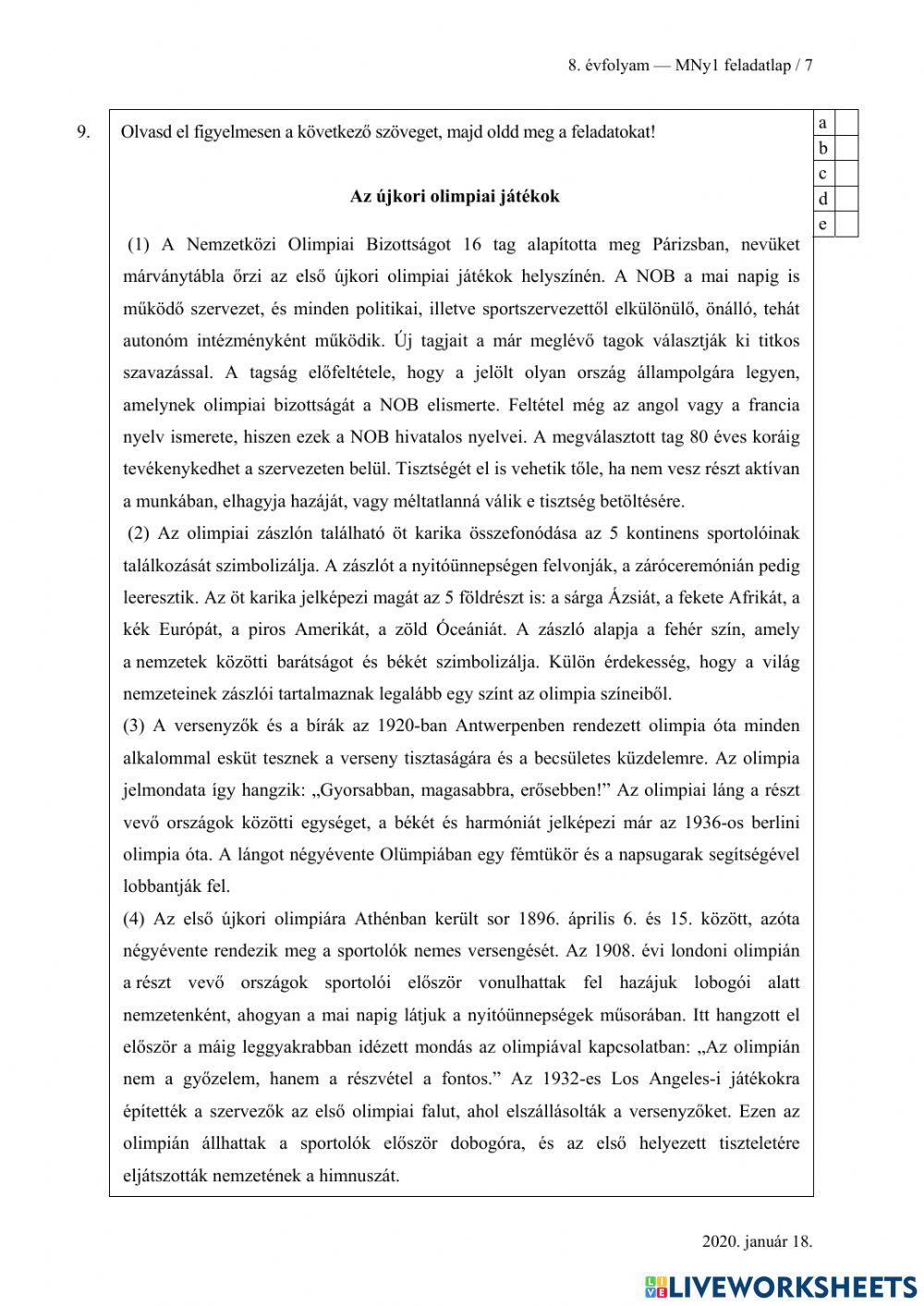 Felvételi feladatsor 2020