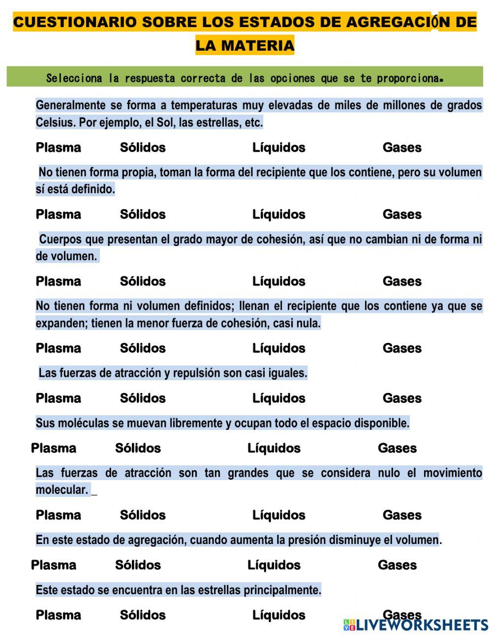 Cuestionario sobre los estados de agregación de la materia