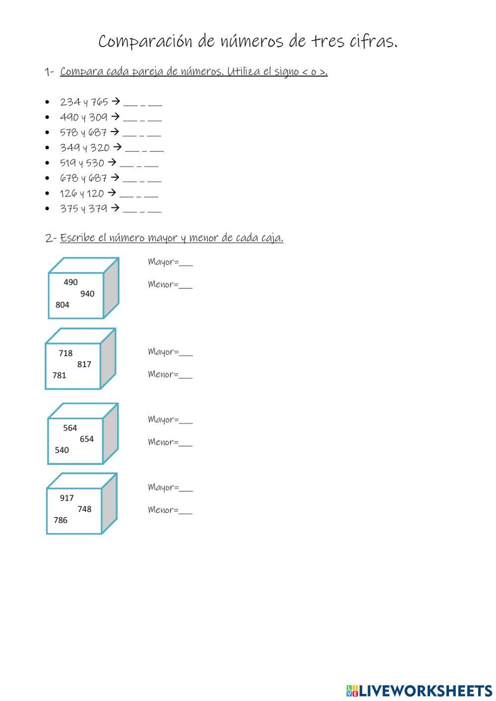 Comparación de números de tres cifras