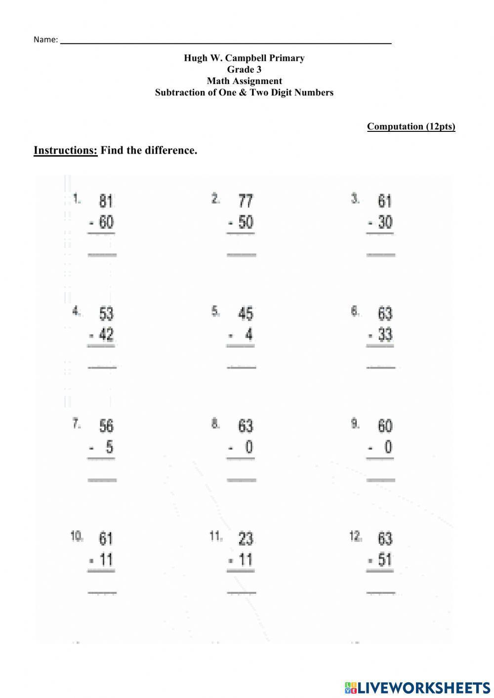 Math Computation Subtract One & Two Digit Numbers