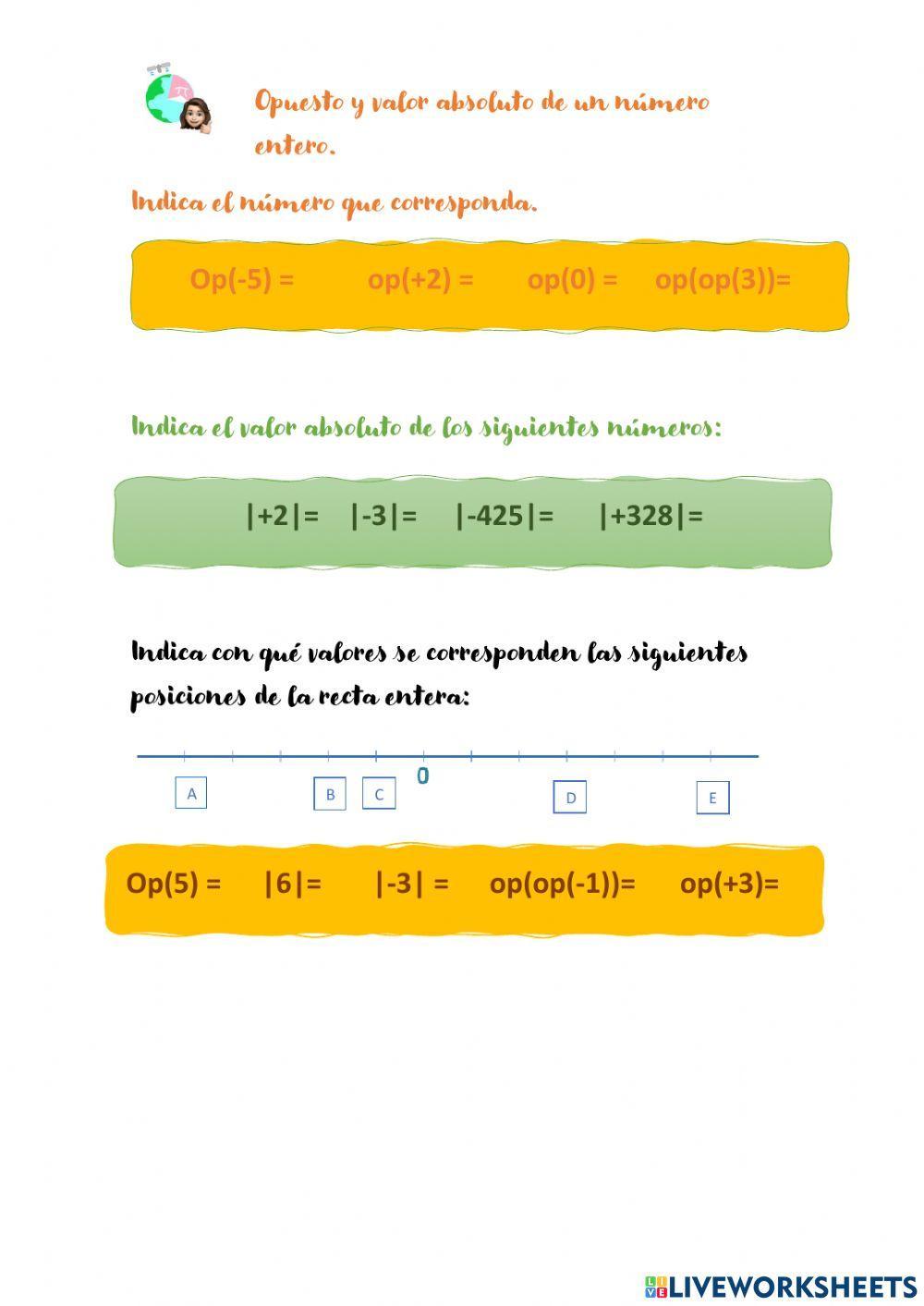 Opuesto y valor absoluto de números enteros