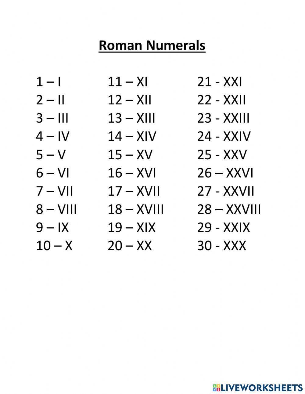 Roman Numerals 1-30 worksheet | Live Worksheets