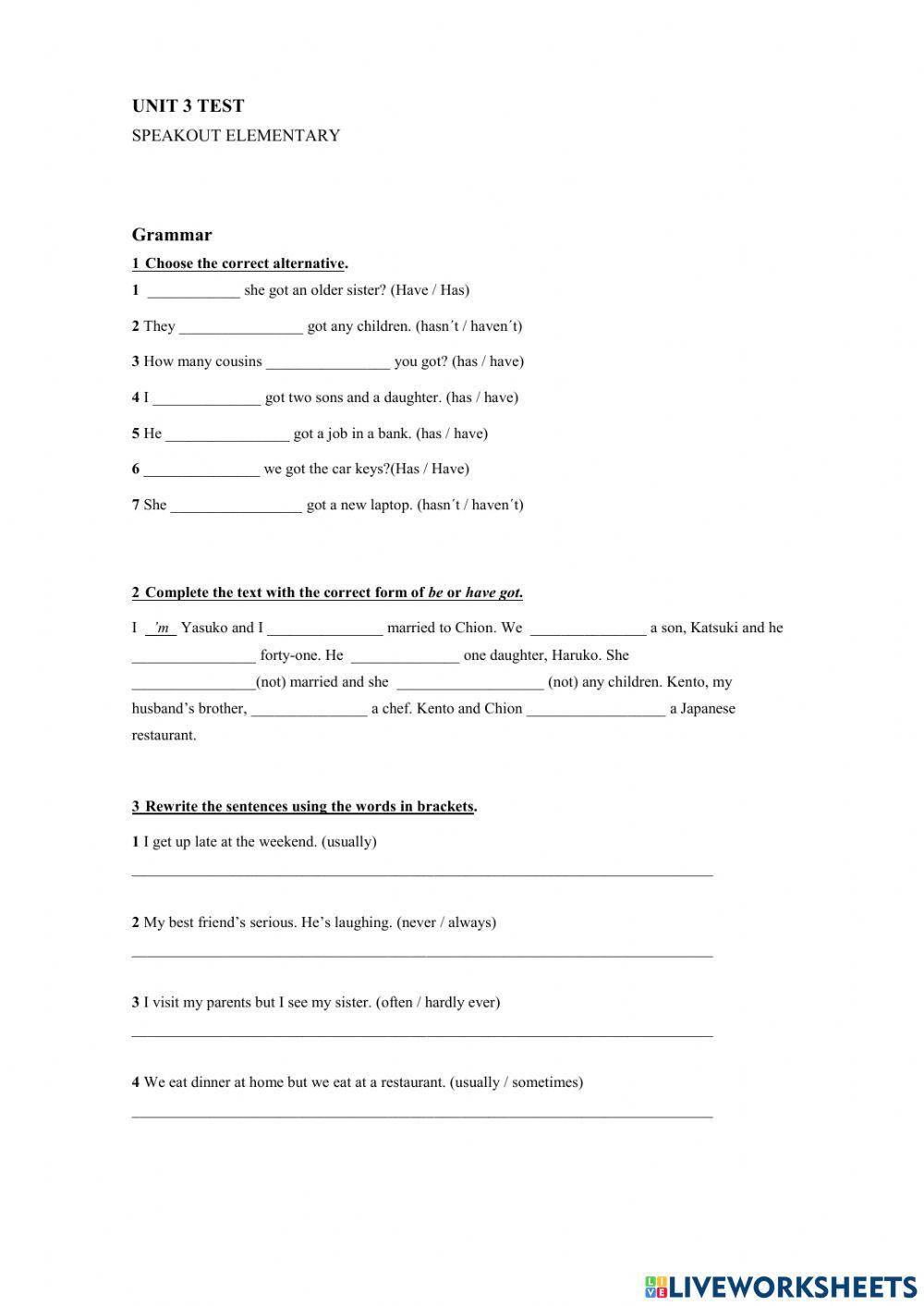 Unit 3 test - Speakout Elementary
