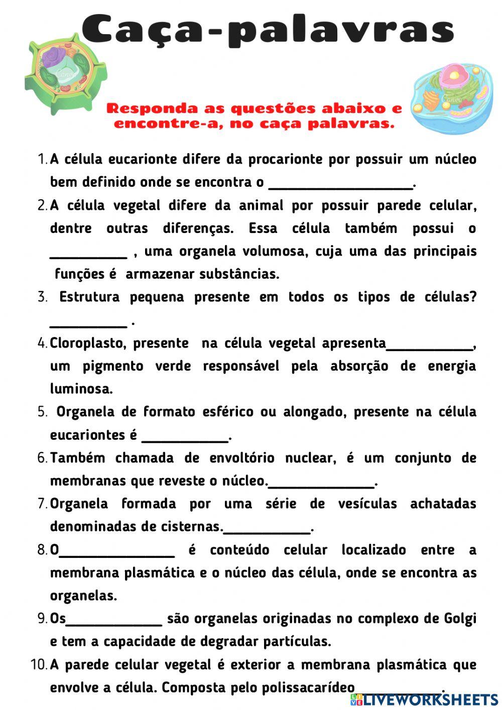 Atividade Caça Palavras Célula Animal