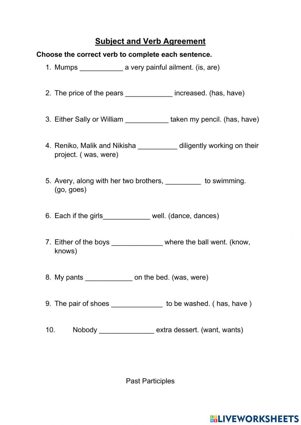 Review- Subject and Verb Agreement & Past Participles
