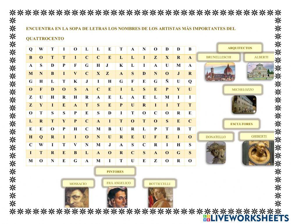Sopa de letras el humanismo  y quattrocento