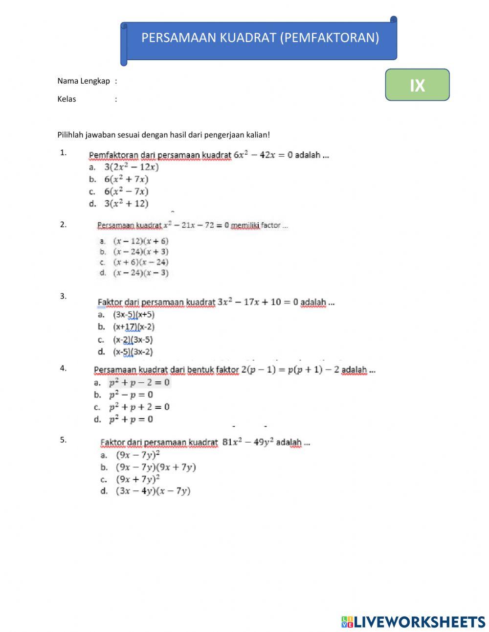Persamaan Kuadrat (Pemfaktoran)