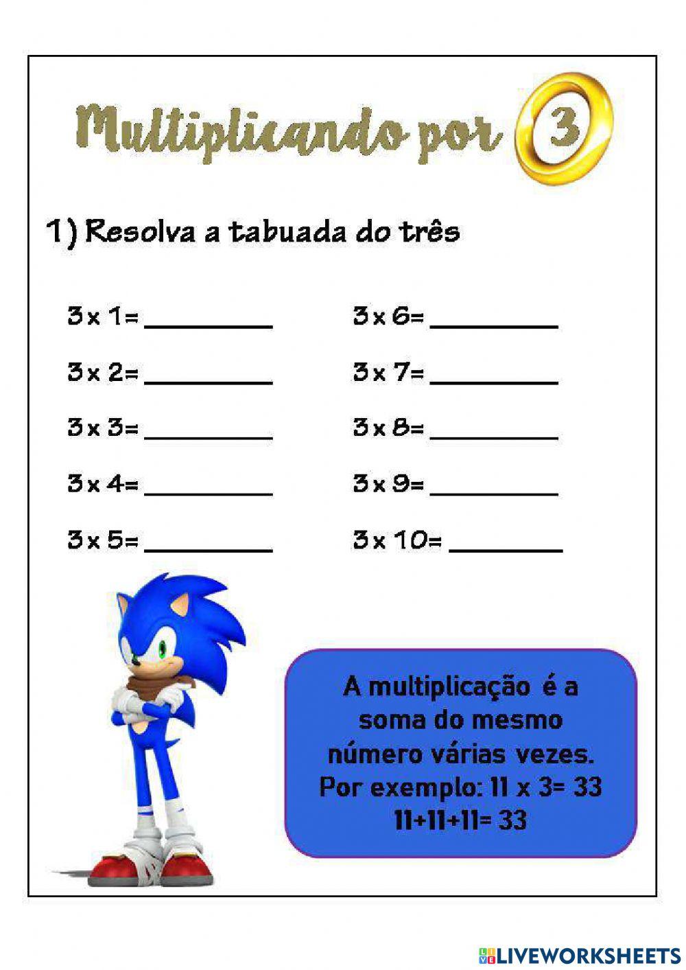 Tabuada do Sonic Para Colorir - Atividades de Matematica