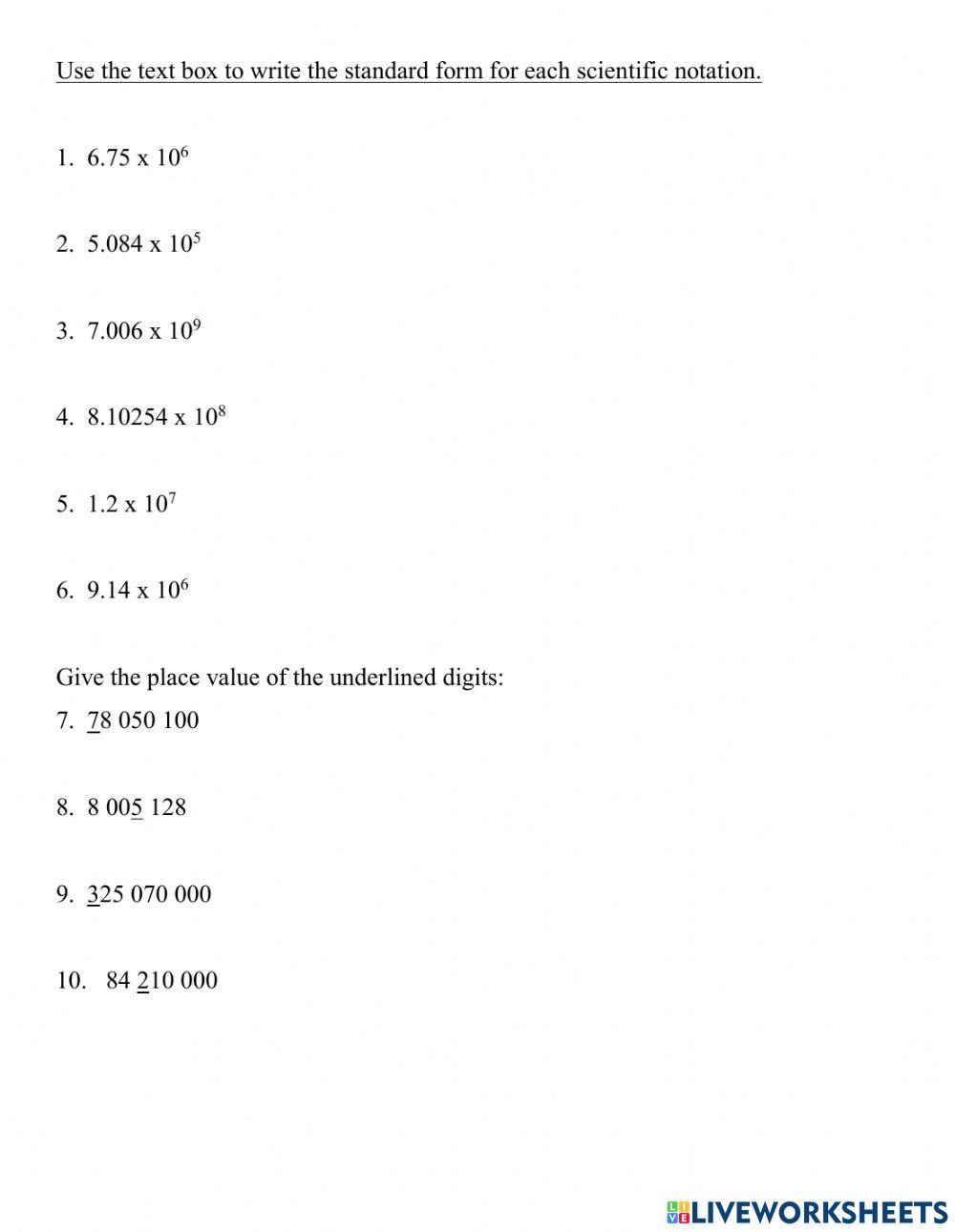Scientific notation to standard form worksheet | Live Worksheets