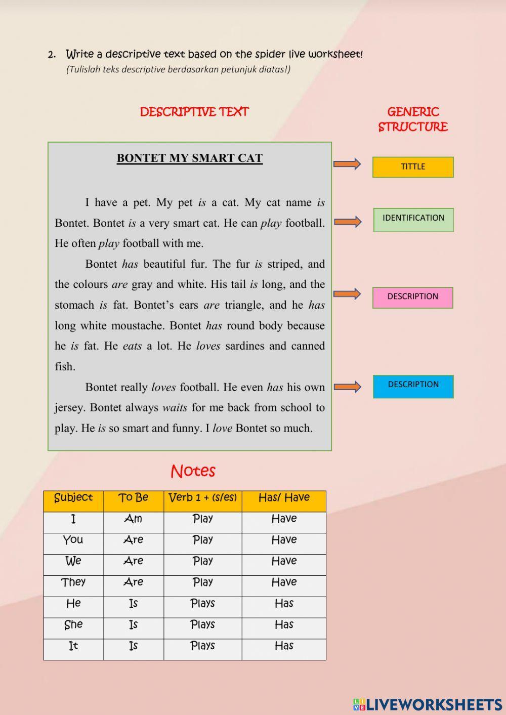 Writing Descriptive Text by Using Spider Live Worksheet