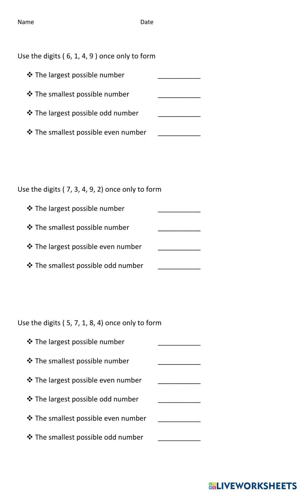 Arranging Digits worksheet | Live Worksheets