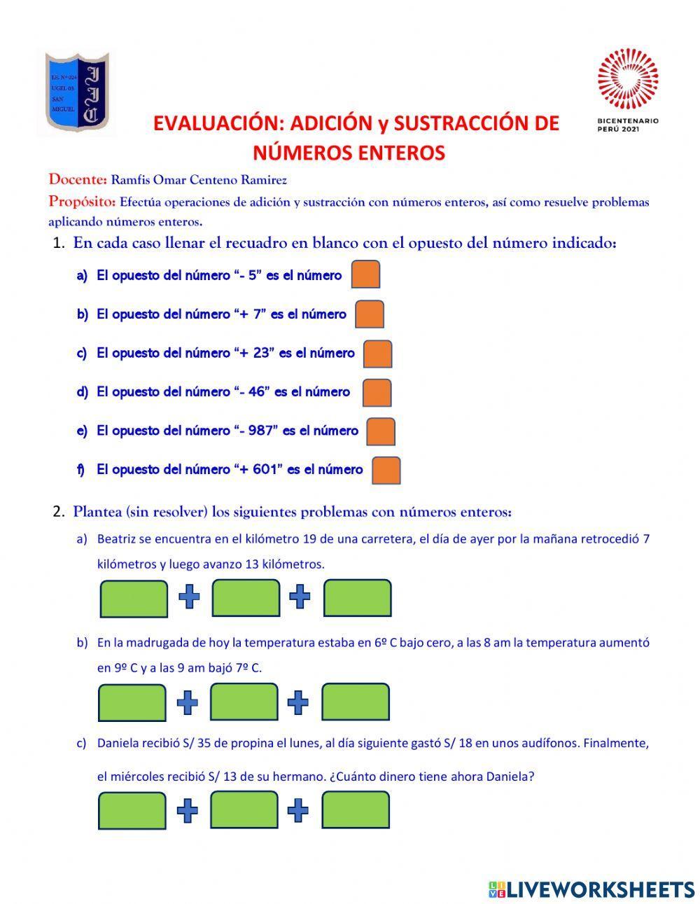 Evaluación: Números Enteros