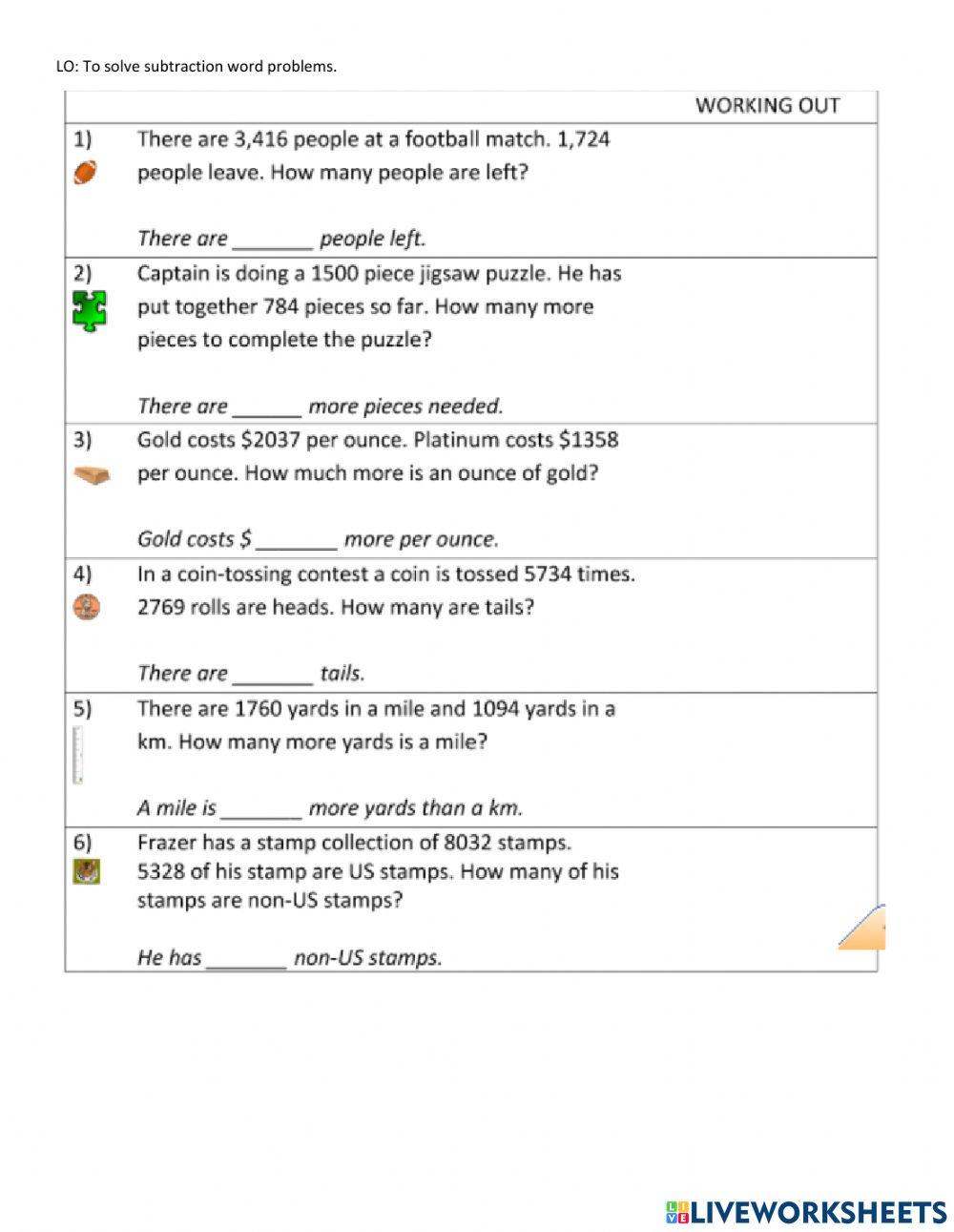 Subtraction Word Problems - L