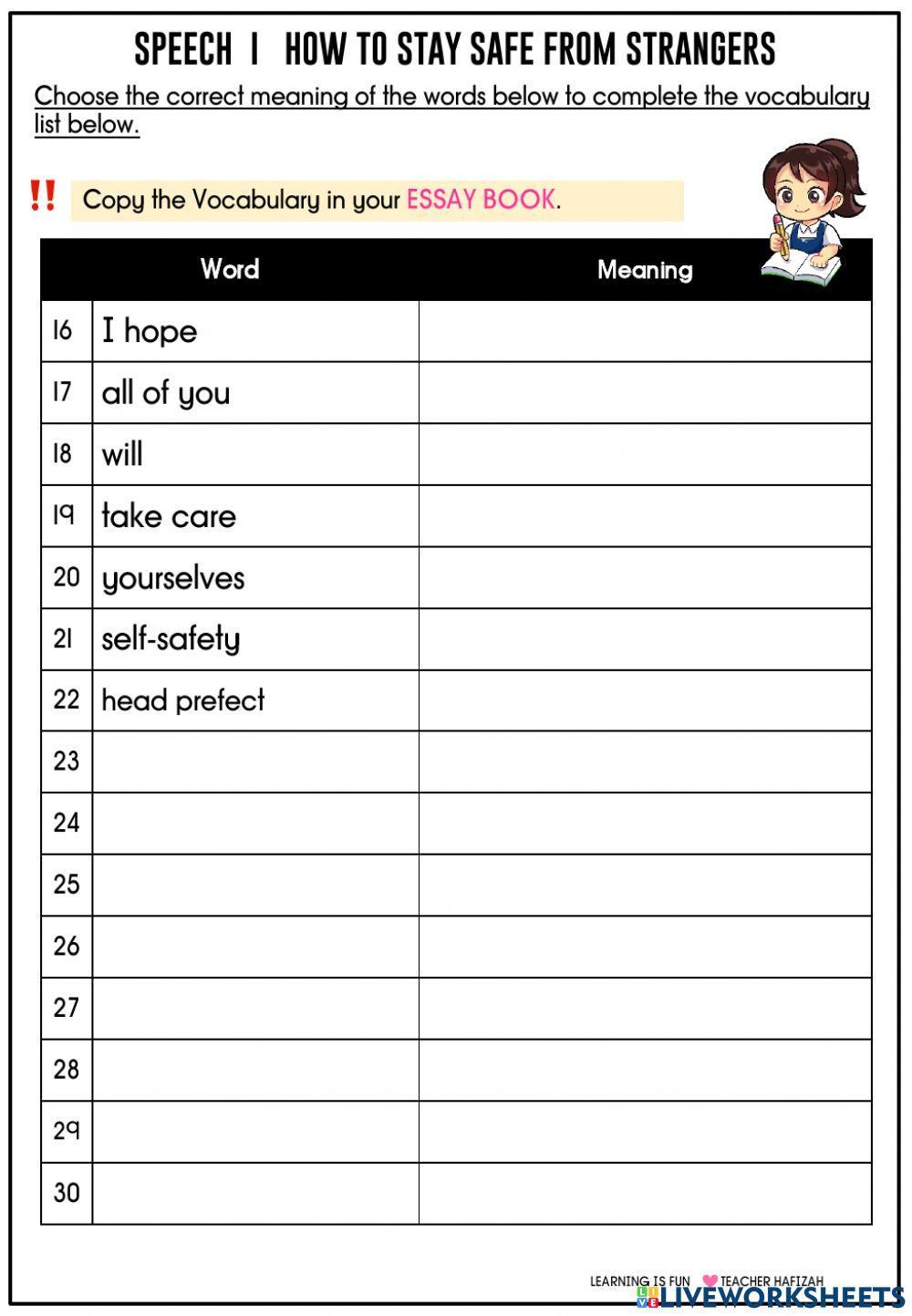 Year 6  - vocabulary i speech- how to stay safe from strangers