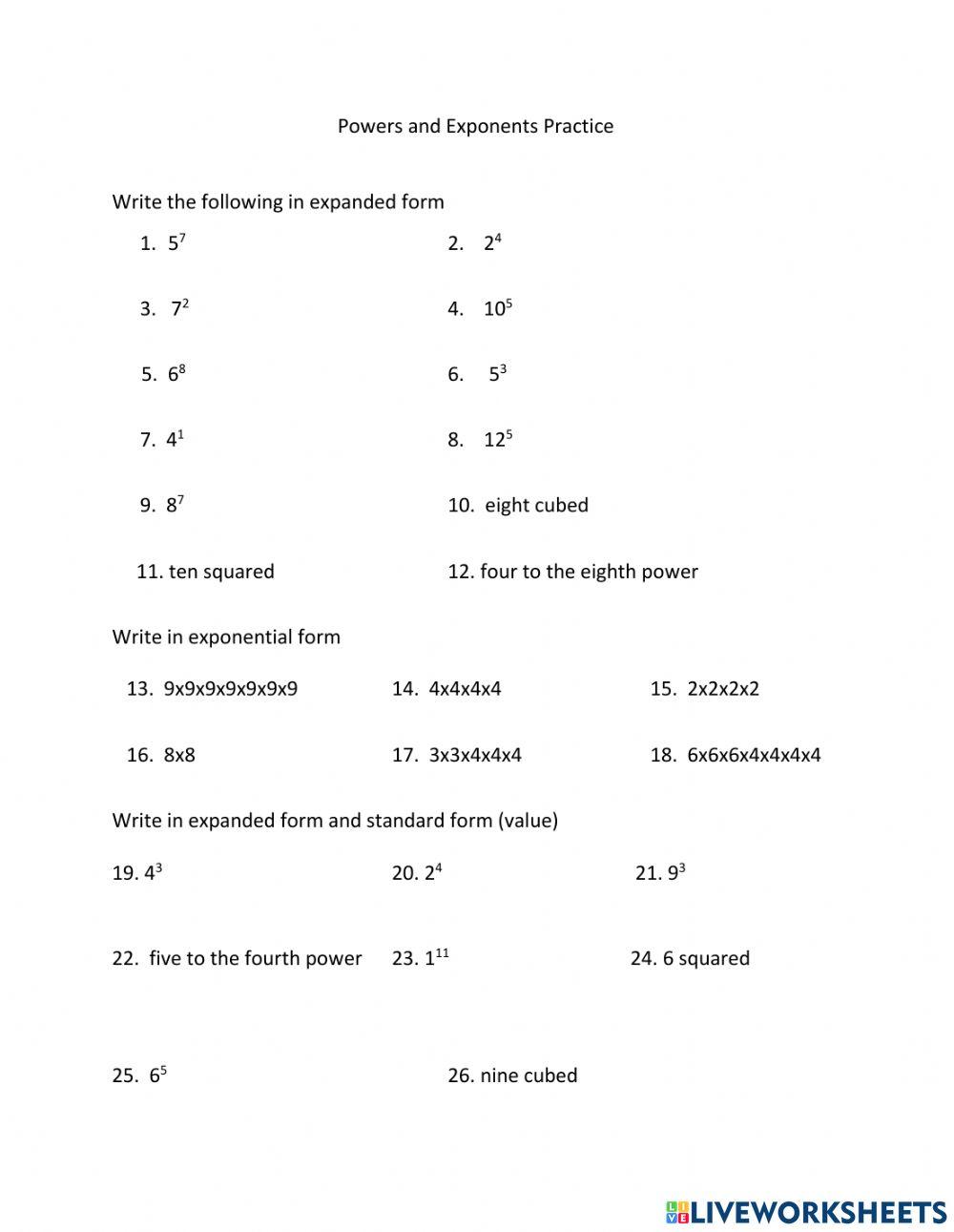 Powers and Exponents Practice