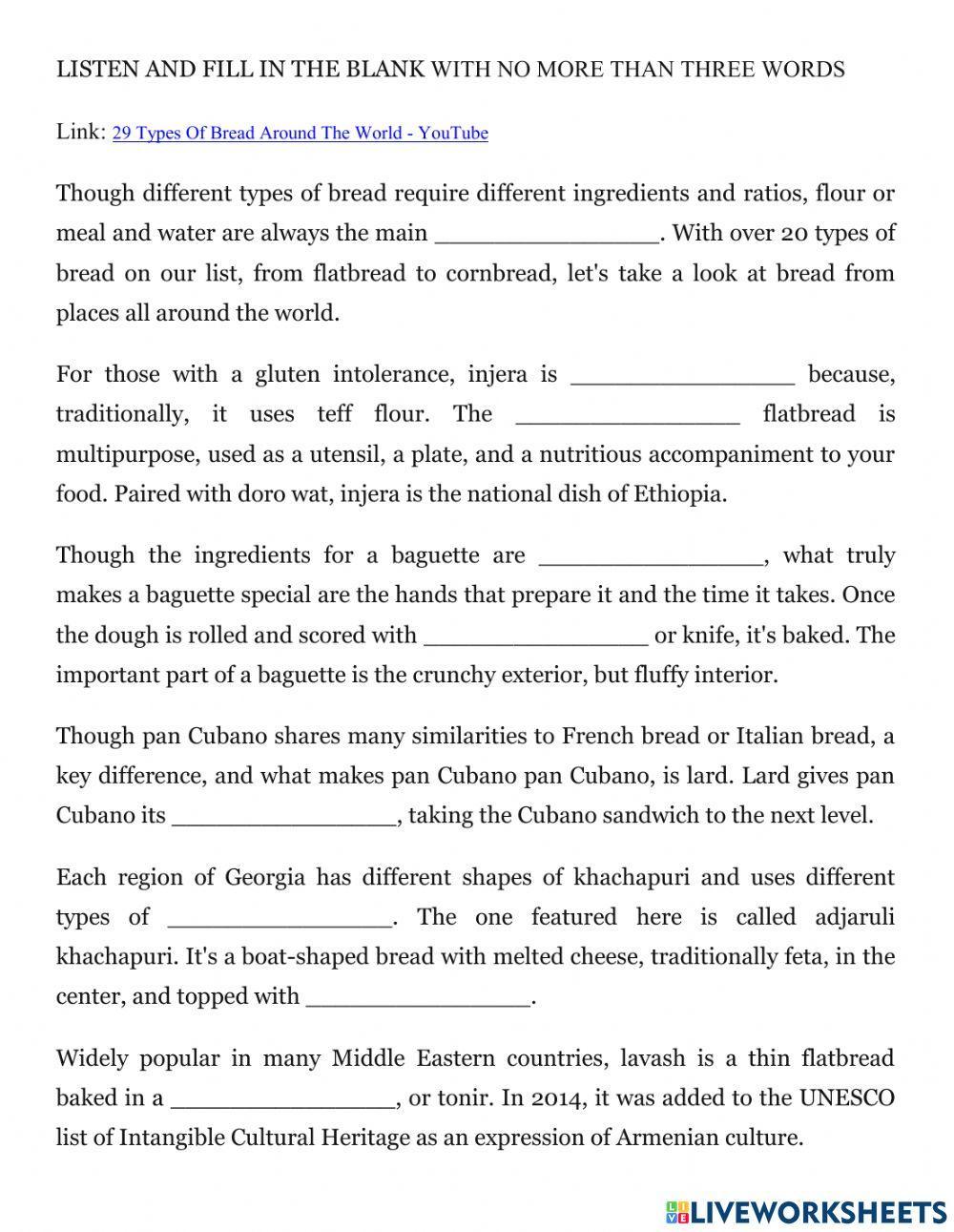 Listen and fill in the blank - Bread