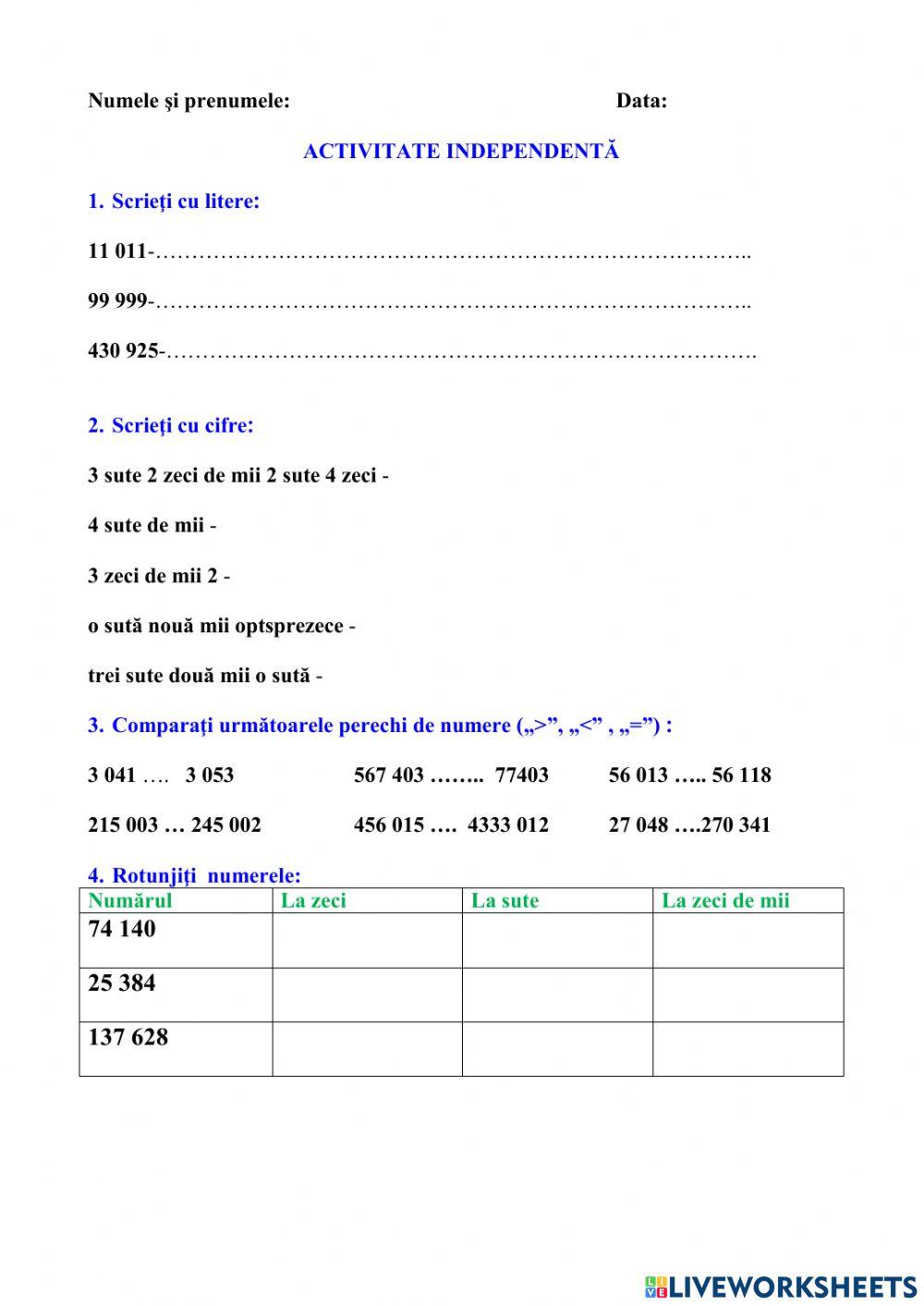 Activitate independent -Numere naturale 0 - 1 000 000
