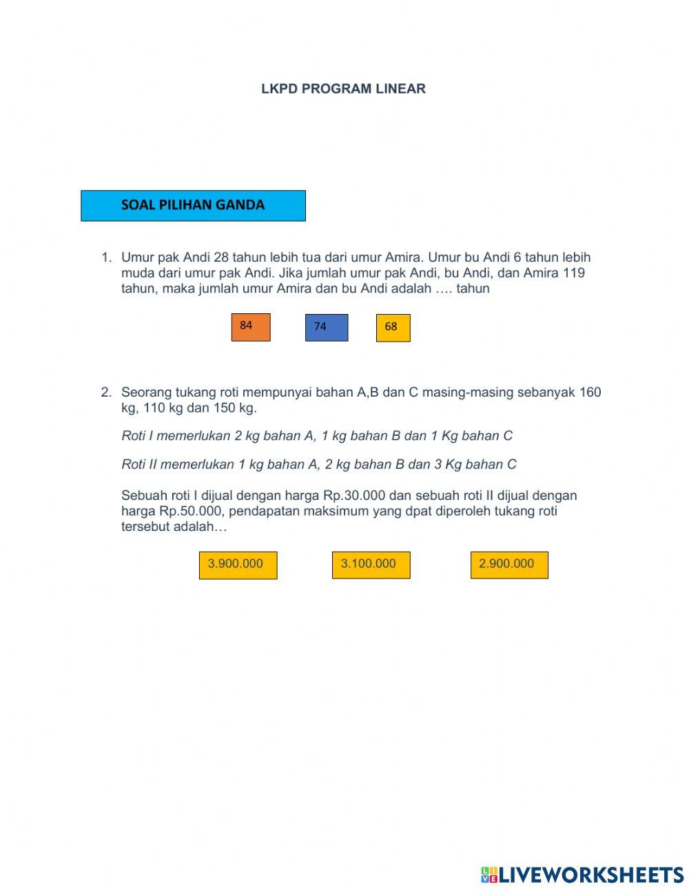 Program Linear online worksheet for 10 | Live Worksheets