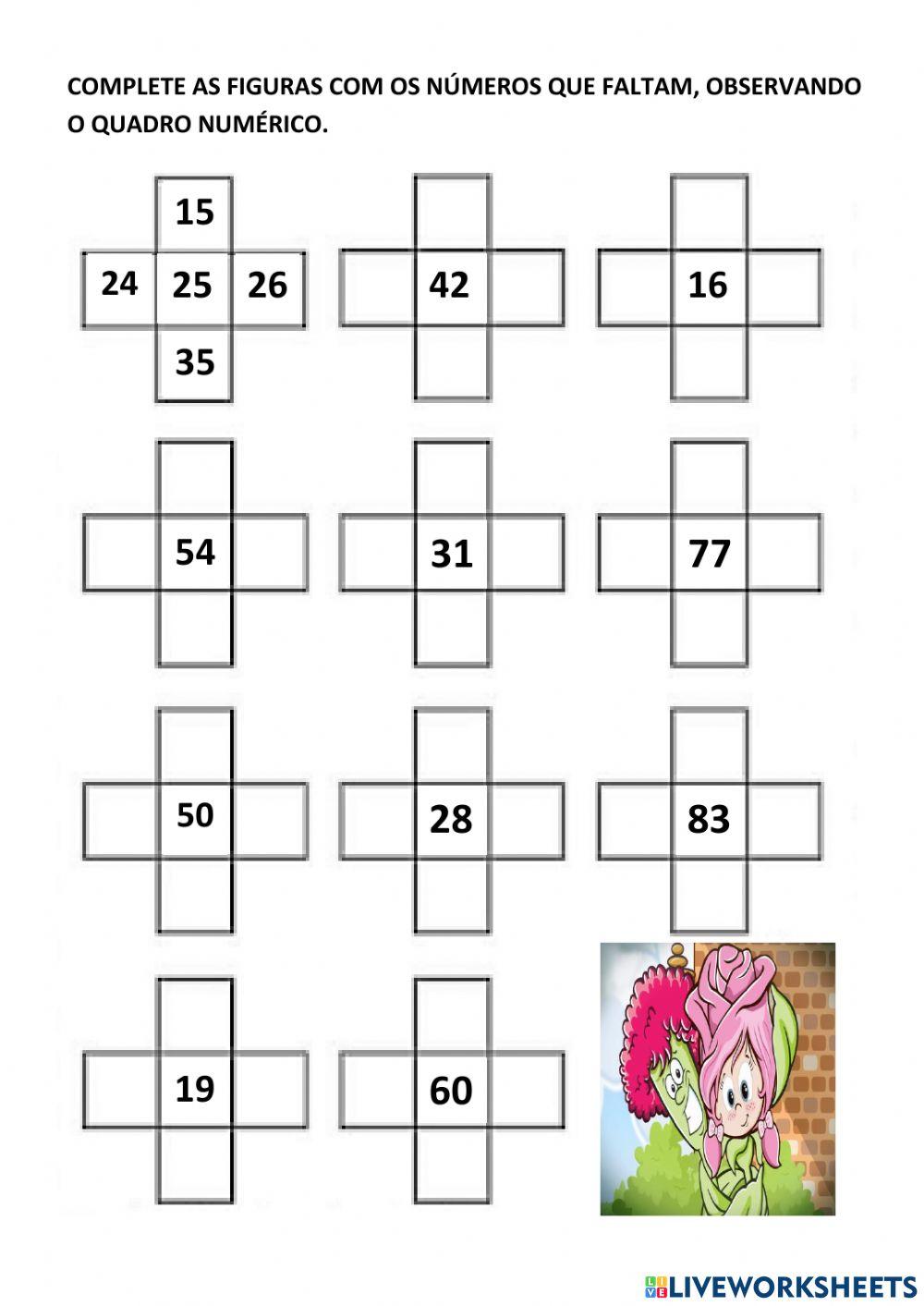 Anote nos quadros os números que completam a sequência de acordo com o quadro numérico.