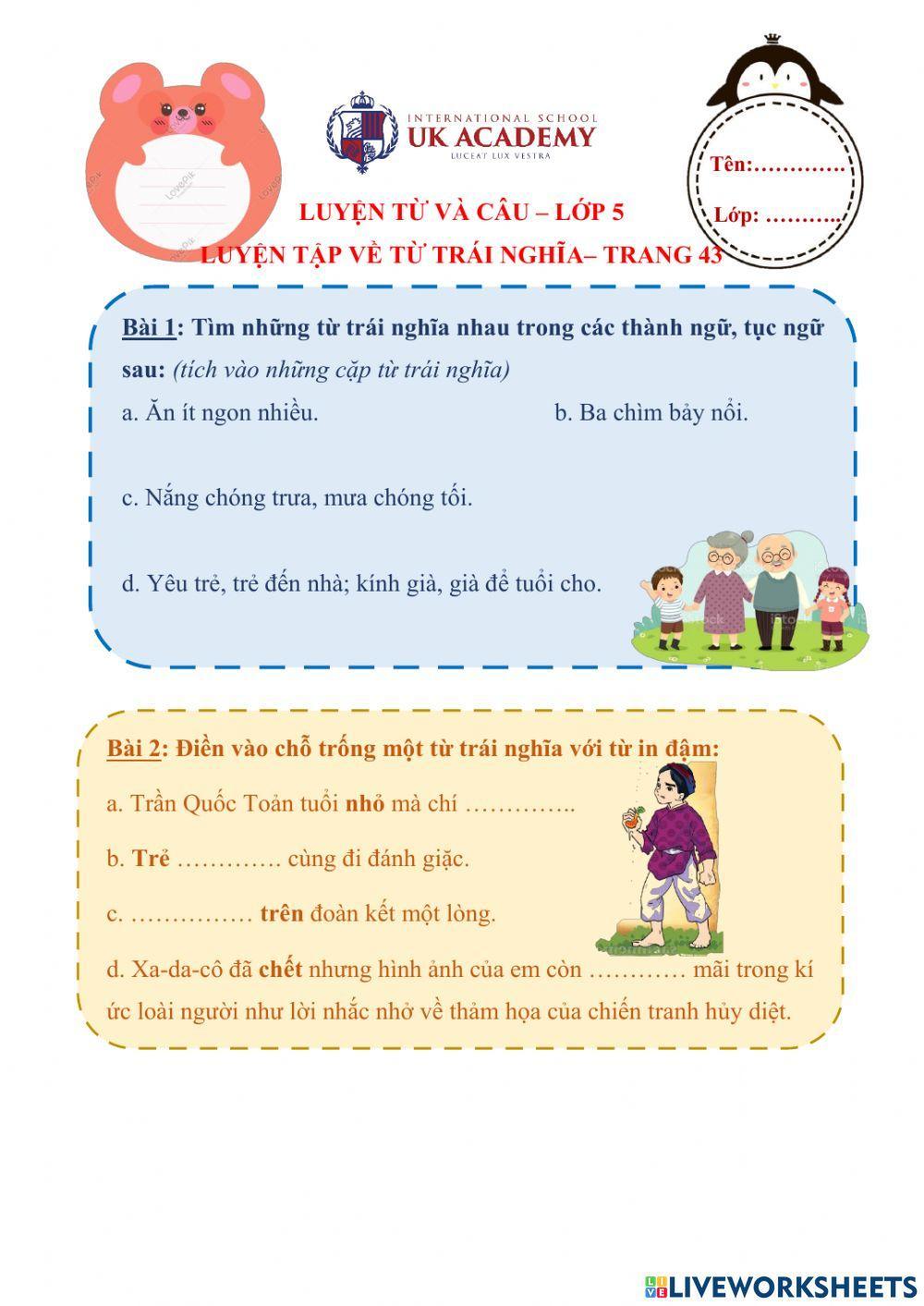 Ltvc - lớp 5 - luyện tập về từ trái nghĩa