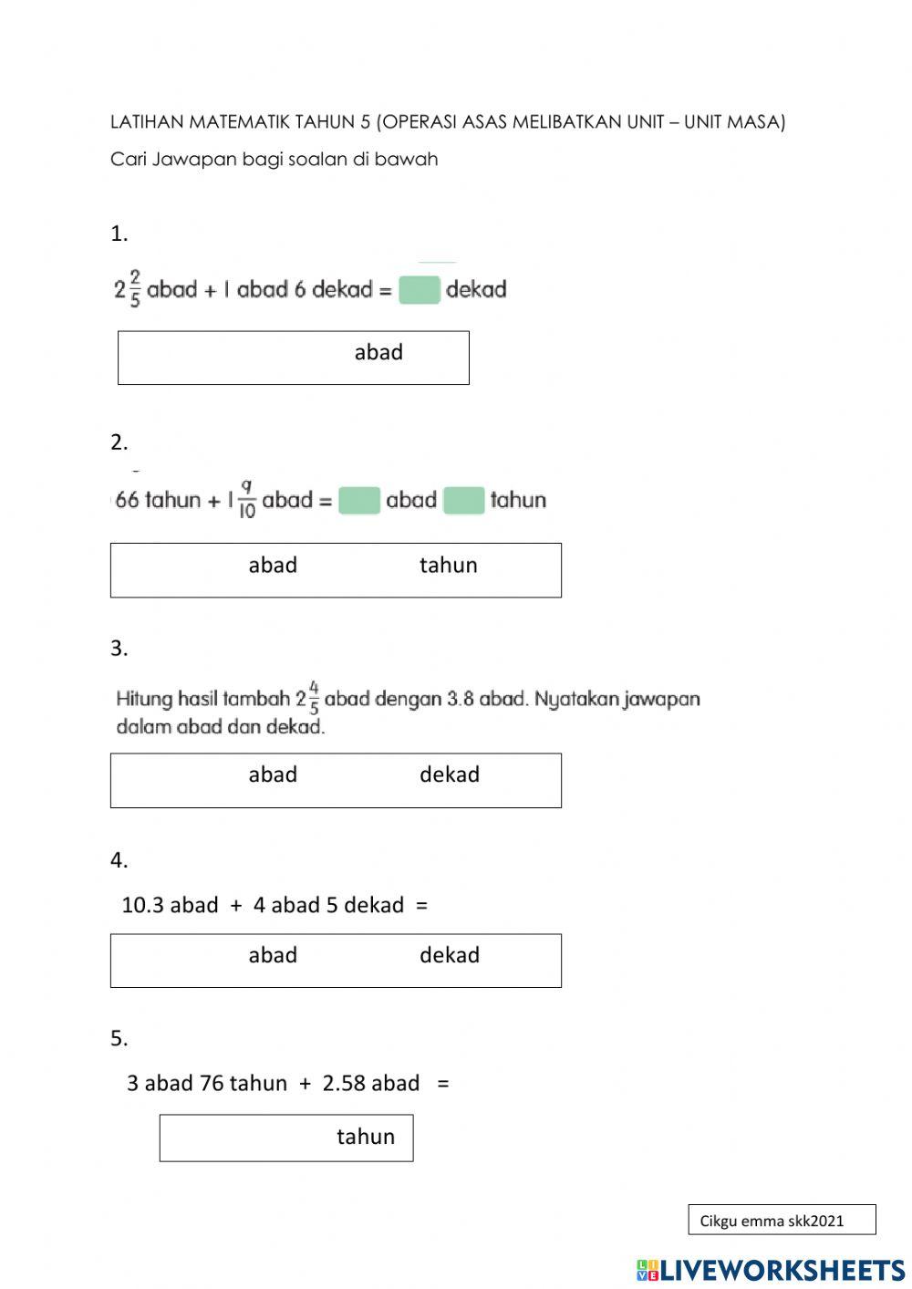 Latihan matematik tahun 5 operasi asas tambah untuk unit masa