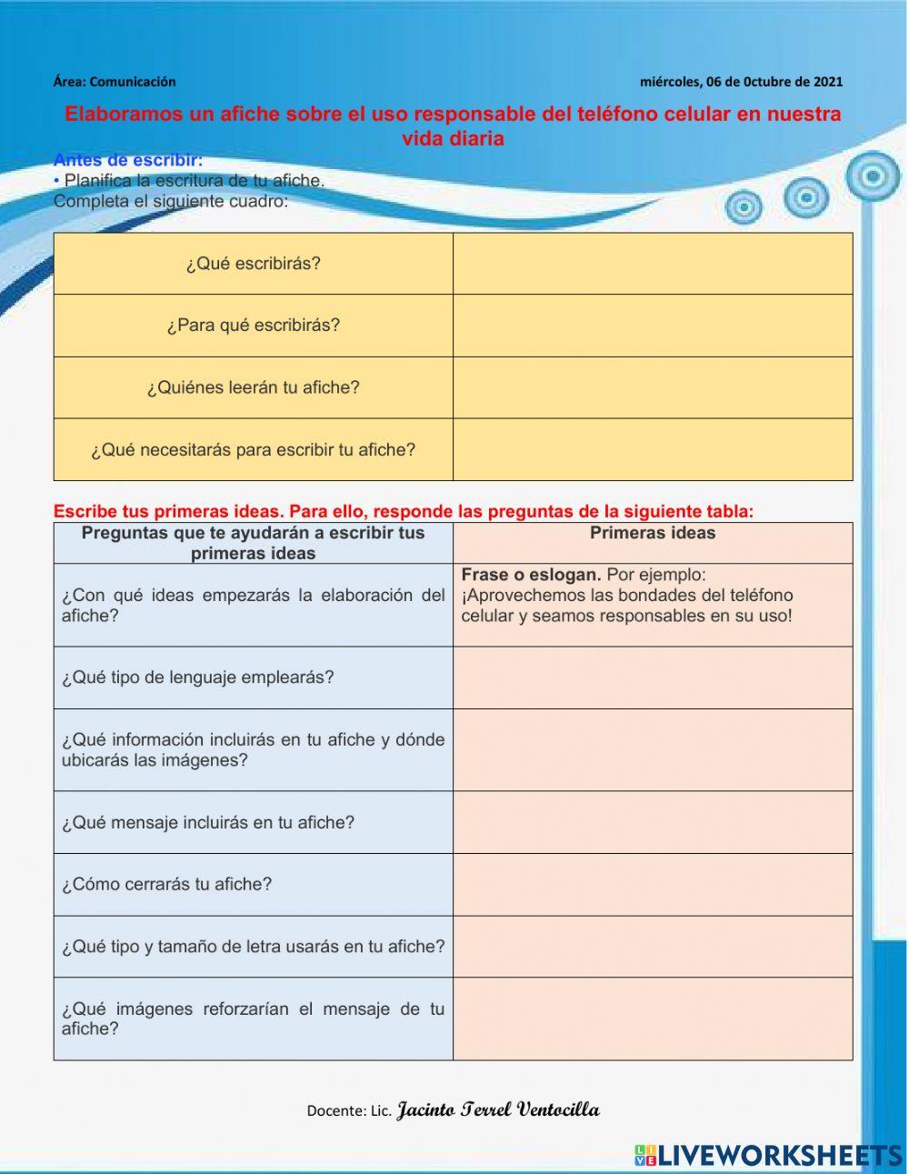 Elaboramos un afiche sobre el uso responsable del teléfono celular en nuestra vida diaria