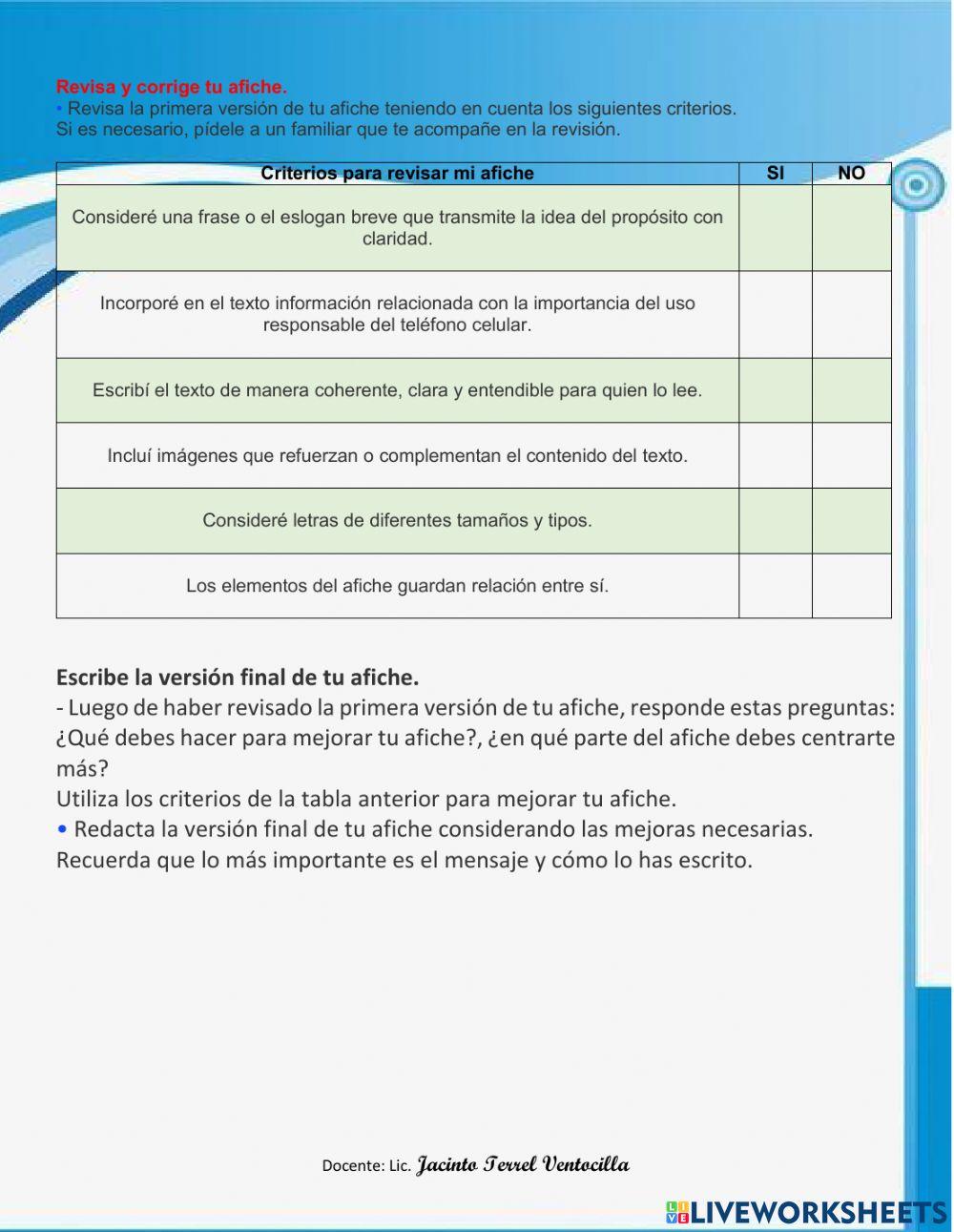 Elaboramos un afiche sobre el uso responsable del teléfono celular en nuestra vida diaria