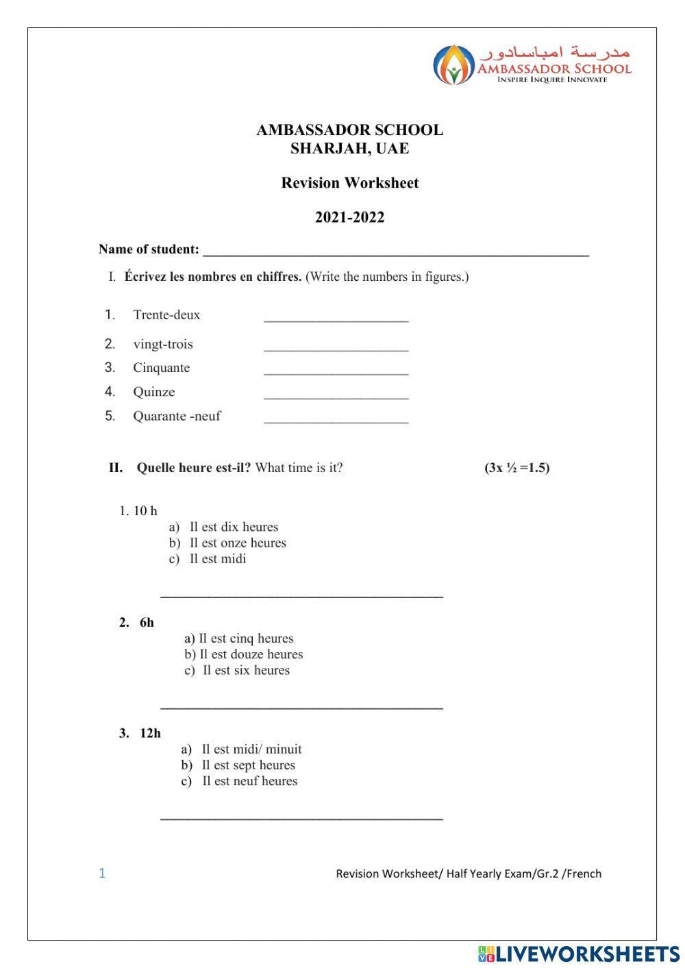 French Revision Worksheet - Les nombres et Au petit déjeuner