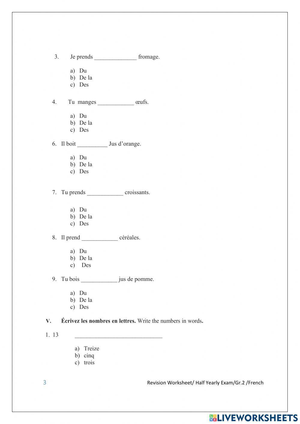 French Revision Worksheet - Les nombres et Au petit déjeuner