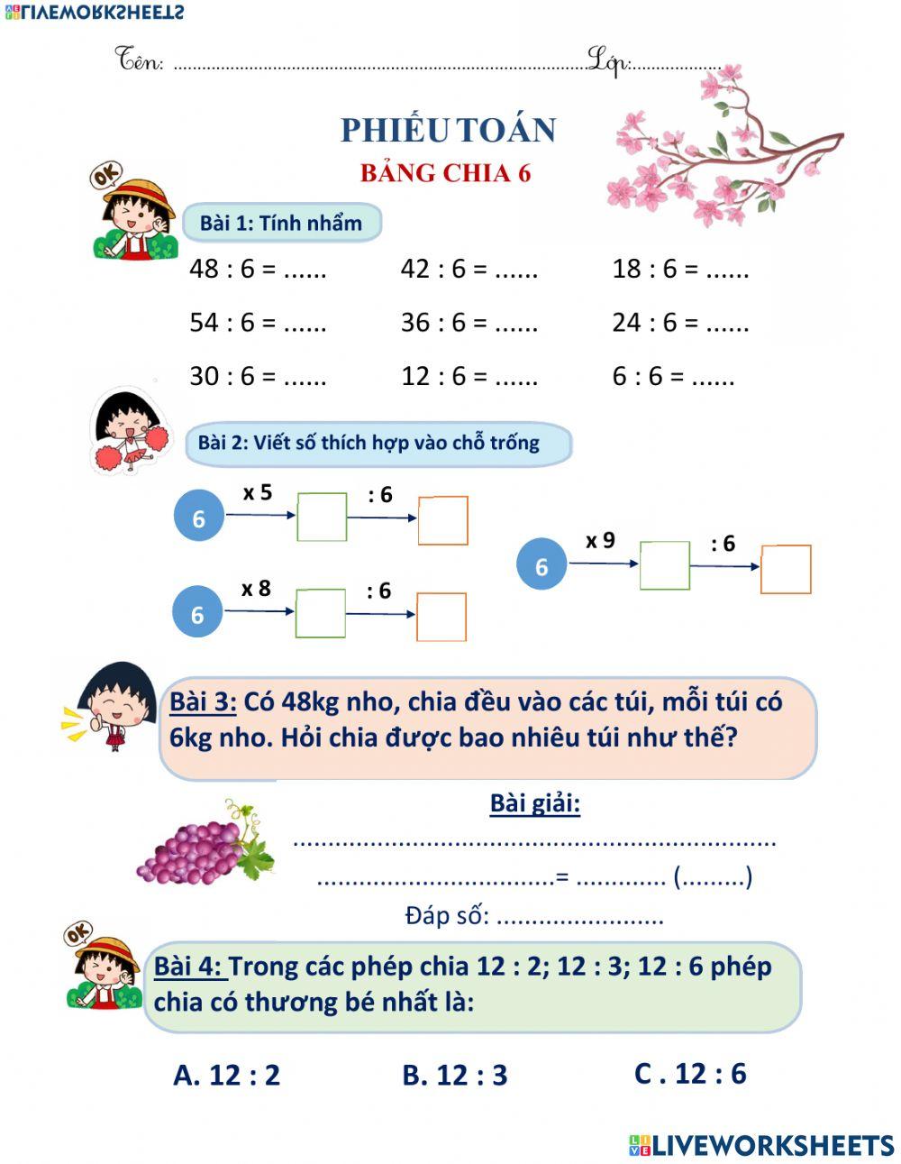 Toán - Ôn tập bảng chia 6