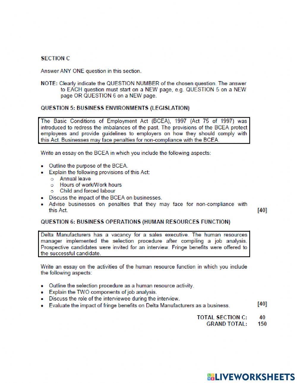 Business studies section C exam eassy question