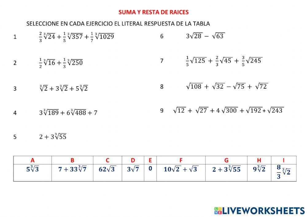 Suma y resta de raices
