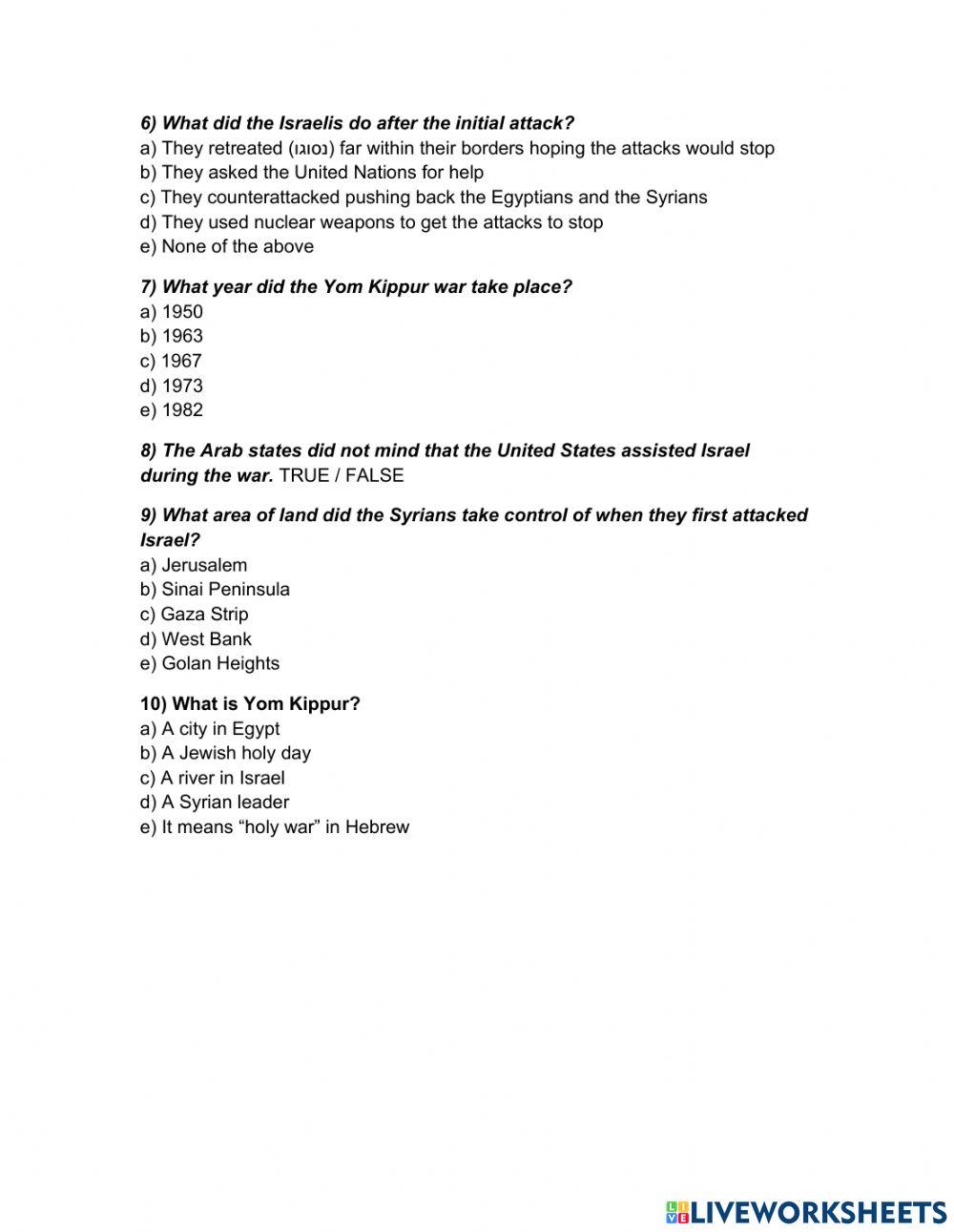 Yom Kippur War Reading Comprehension Exercise worksheet Live Worksheets
