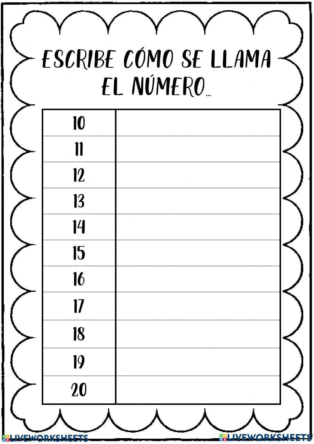 Escritura de Números del 10 al 20