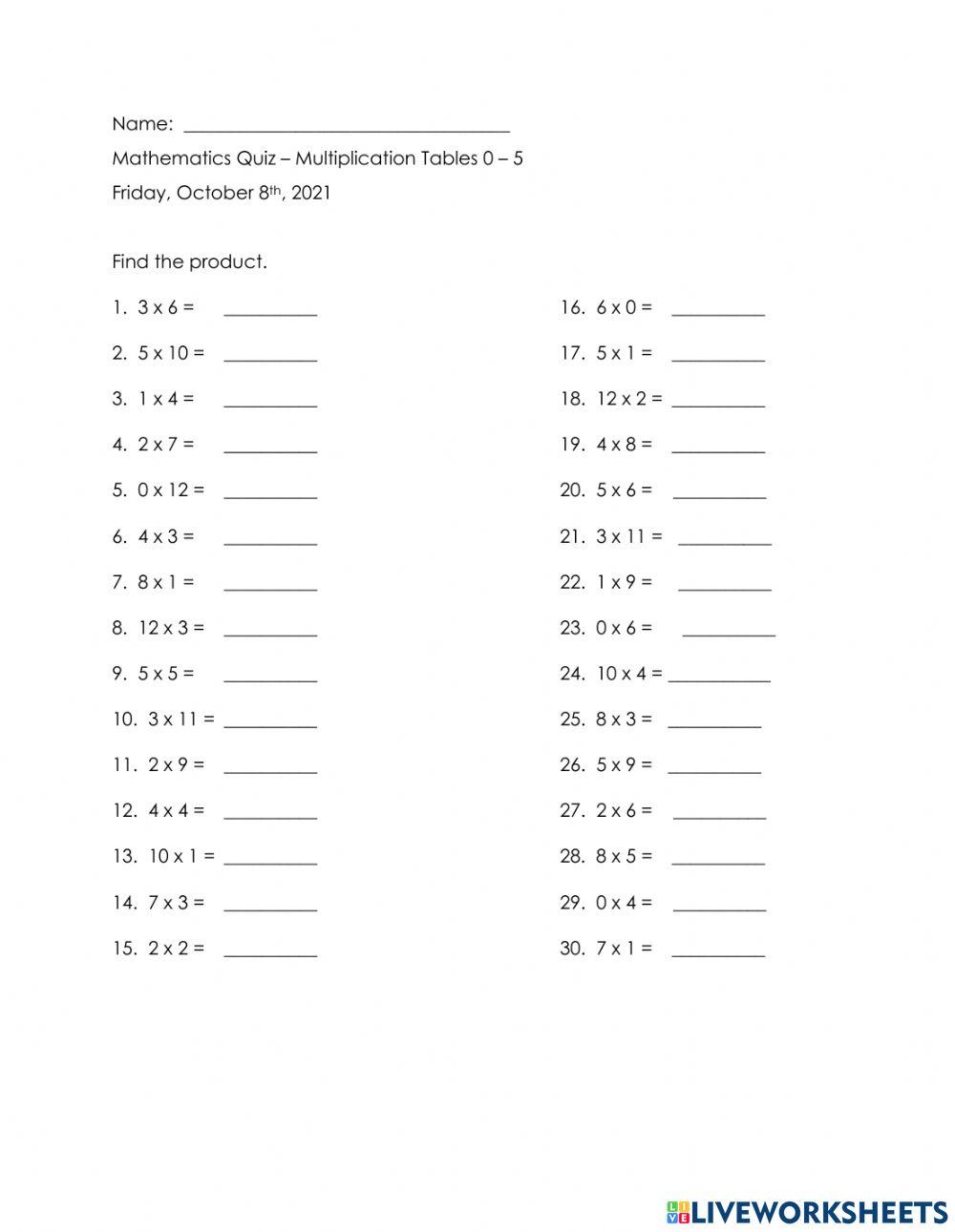 Mathematics - Computation - Multiplication Facts 0 - 5