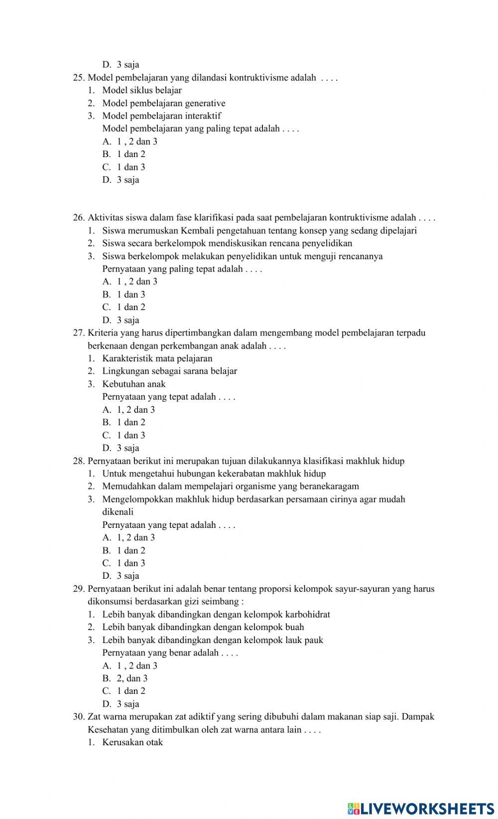 Pre tes materi dan pembelajaran ipa sd