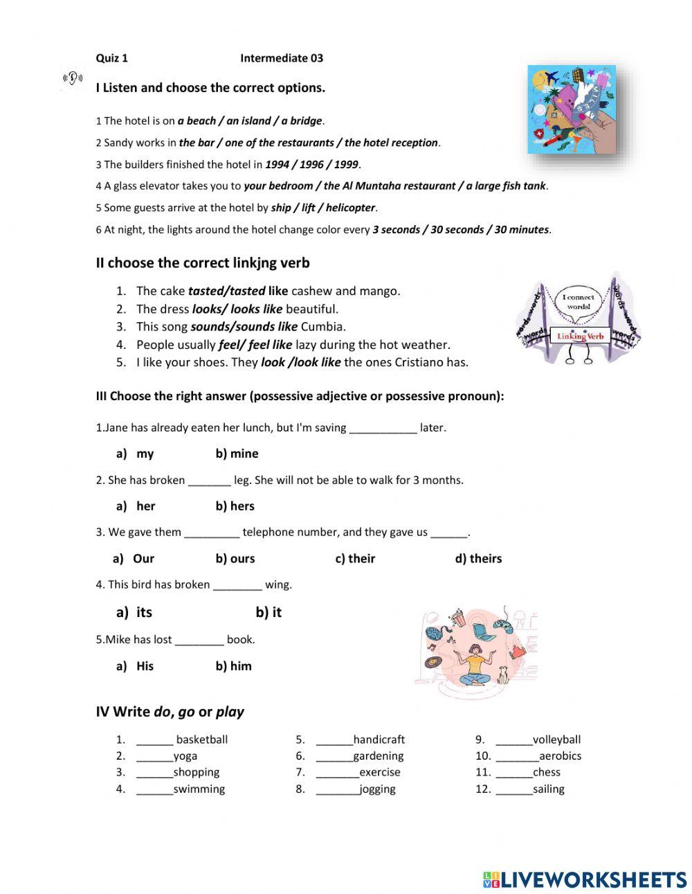 Linking verbs and possessive pronouns